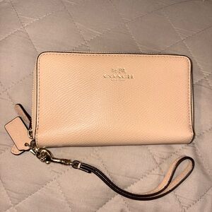 Coach Double Zip Wristlet Wallet Crossgrain Leather Nude Blush Gold